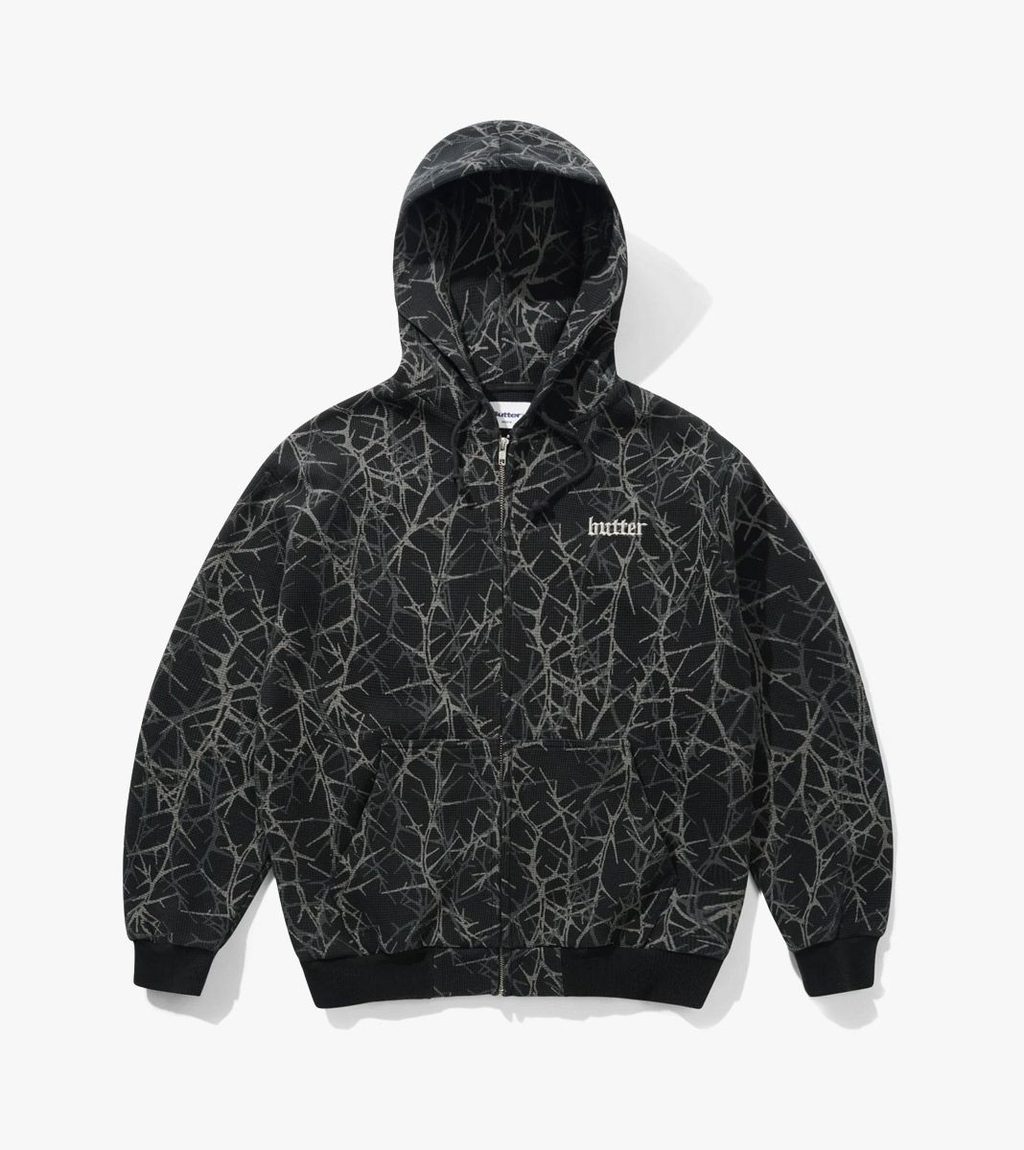 Black THORN CAMO WAFFLE ZIP-THRU HOOD